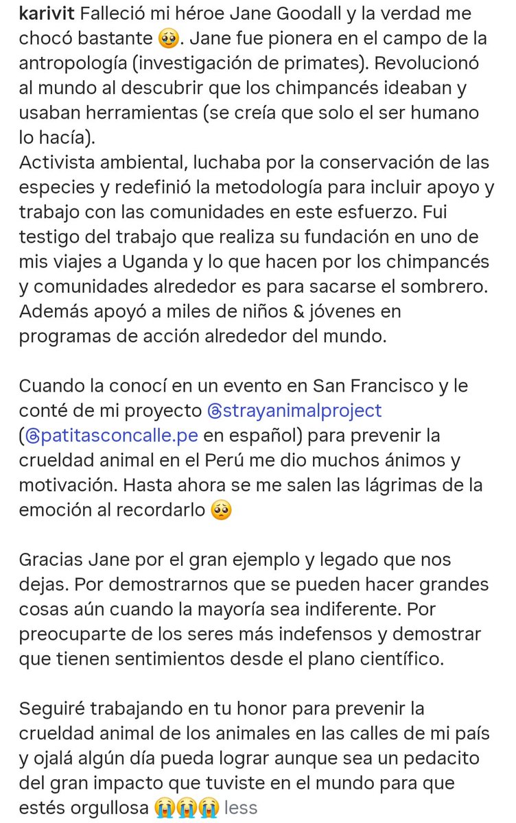 Karina Canales (@karivit) on Twitter photo Falleció mi héroe Jane Goodall 🥹
Cuando la conocí y le conté de mi proyecto <a href="/PatitasConCalle/">Patitas con Calle</a> para prevenir la crueldad animal en el Perú me dio ánimos y motivación. Se me salen las lágrimas de la emoción al recordarlo 🥺
Gracias Jane por el gran ejemplo y legado que nos dejas 🙏 Falleció mi héroe Jane Goodall 🥹
Cuando la conocí y le conté de mi proyecto <a href="/PatitasConCalle/">Patitas con Calle</a> para prevenir la crueldad animal en el Perú me dio ánimos y motivación. Se me salen las lágrimas de la emoción al recordarlo 🥺
Gracias Jane por el gran ejemplo y legado que nos dejas 🙏