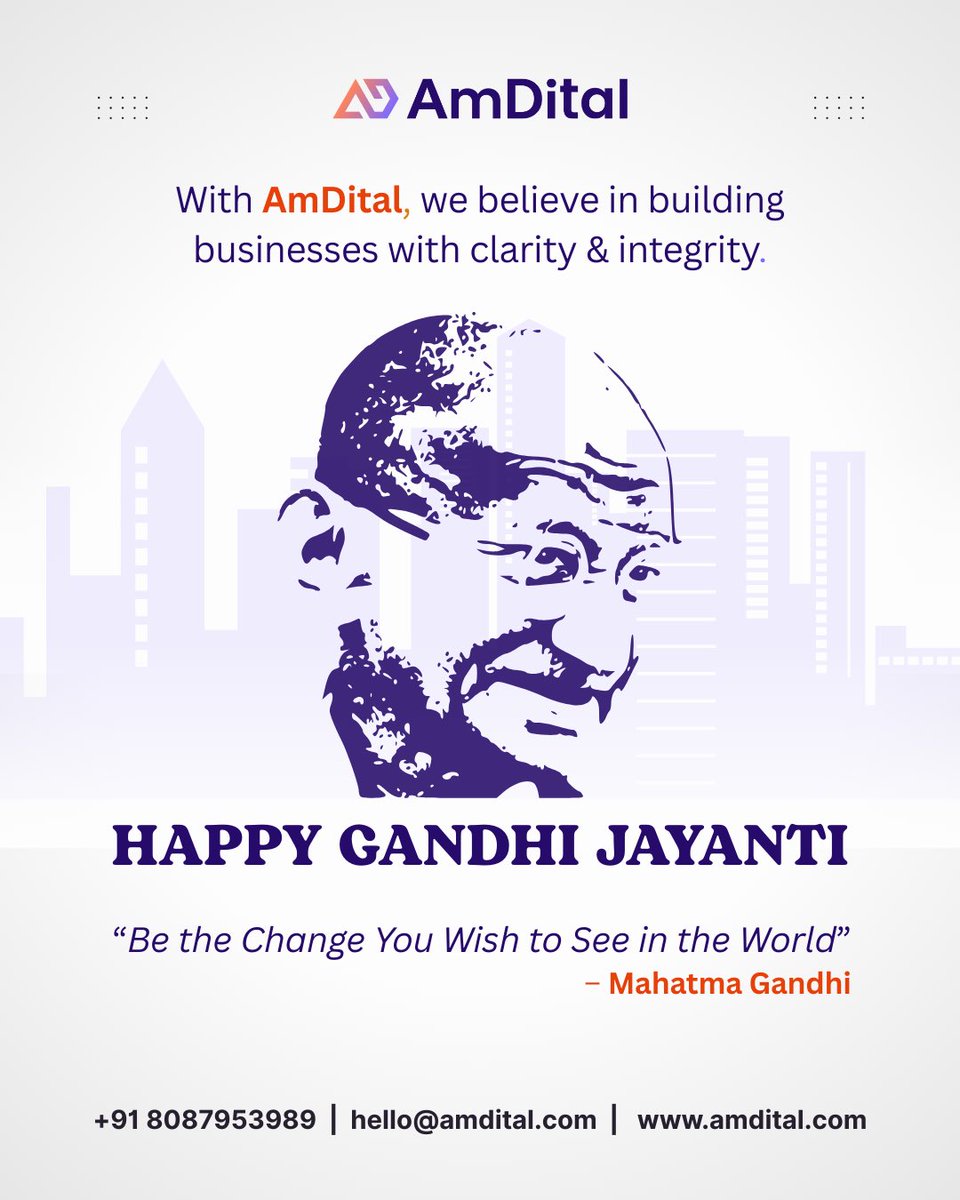 amdital's tweet image. On this Gandhi Jayanti, we celebrate the timeless values of truth, simplicity, and perseverance. Just as Gandhi believed in shaping change with clarity, AmDital empowers businesses to work smarter and grow with integrity. 🌿✨

#GandhiJayanti #TruthAndSimplicity #AmDital