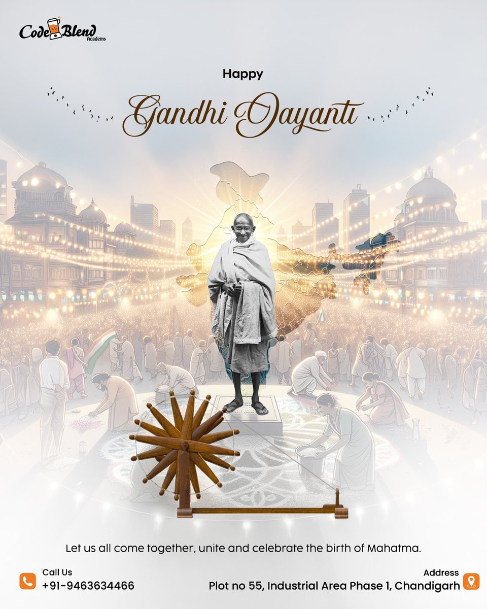 CodeblendA's tweet image. Honoring the Father of the Nation, who taught us that truth and non-violence are the greatest weapons.
Wishing you all a Happy Gandhi Jayanti!
#GandhiJayanti #TruthAndNonViolence #FatherOfTheNation #Peace #Inspiration #CodeBlendAcademy