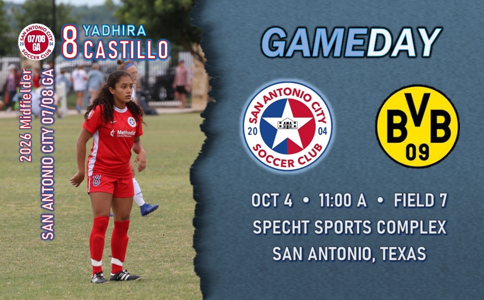 GAMEDAY:
<a href="/SACity0708GA/">SA City 07/08 GA</a> x BvB

<a href="/GAcademyLeague/">Girls Academy</a> <a href="/sacitysc/">San Antonio City Soccer Club</a> <a href="/soccerislife621/">Roberto Del Toro (Coach Beto)</a> <a href="/ImYouthSoccer/">ECNL/GA/Recruiting/College Soccer</a> <a href="/6a_28/">SA High School & Club Soccer</a> <a href="/ImCollegeSoccer/">College Soccer Truth ™</a> <a href="/soccer_warren/">Warren Girls Soccer</a> <a href="/PrepSoccerTX/">Prep Soccer Texas</a> <a href="/PrepSoccer/">Prep Soccer ⚽️</a> <a href="/TheSoccerWire/">SoccerWire</a> <a href="/CollegeSoccerID/">College Soccer ID</a> <a href="/jgrimleysoccer/">Jane Grimley-Gunn</a> <a href="/CoachGeorge23/">Coach George</a>