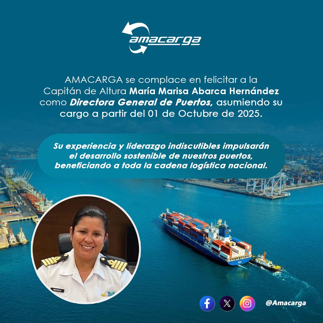 La Asociación Mexicana de Agentes de Carga se complace en extender sus más sinceras felicitaciones a la Capitán de Altura María Marisa Abarca Hernández por su designación como Directora General de Puertos.

Su experiencia elevará el potencial logístico de México.

Enhorabuena