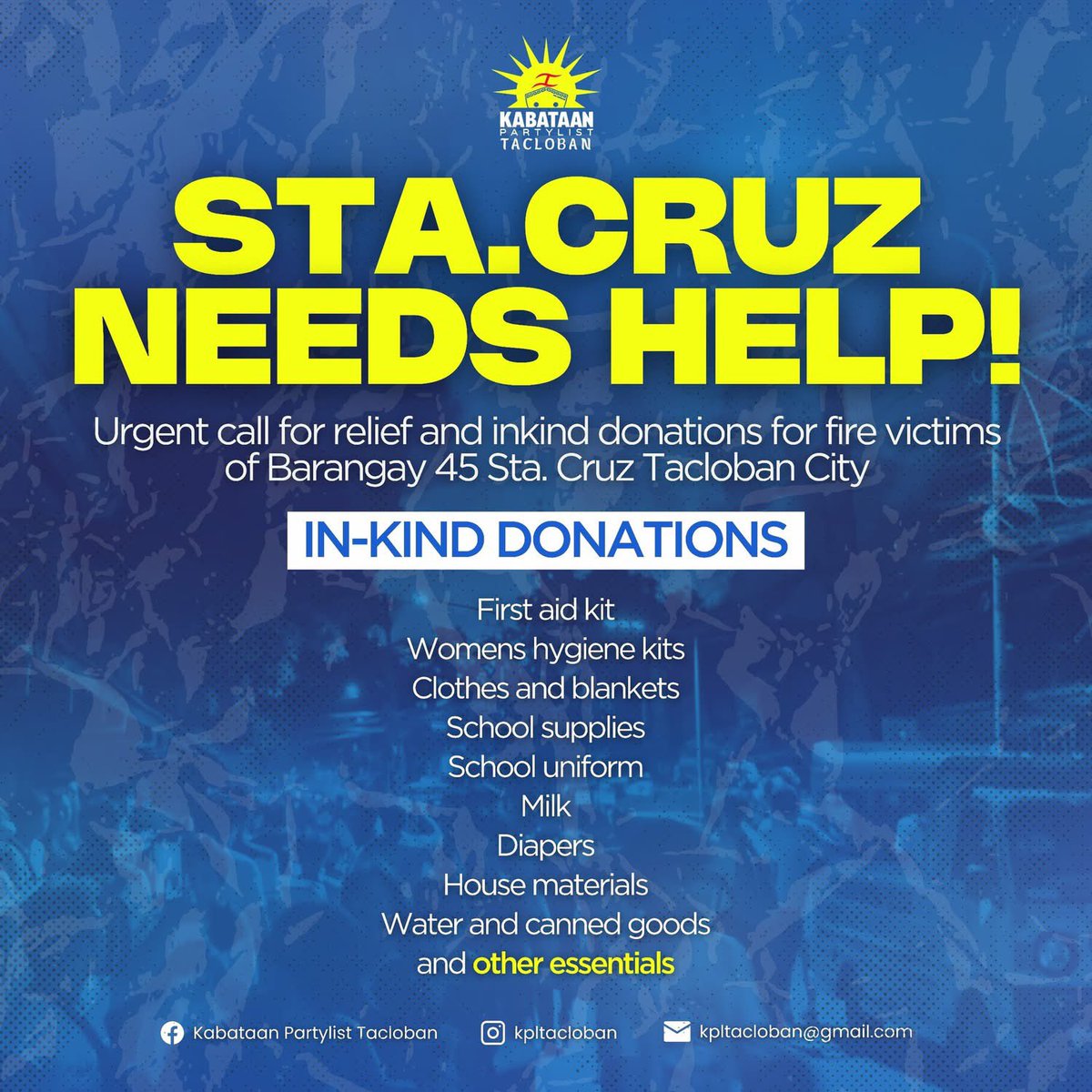 altermidya's tweet photo. FIRE VICTIMS IN TACLOBAN CITY NEED HELP

Kabataan Partylist Tacloban launches donation drive after fire ravages  Brgy. 45, Sta. Cruz, Tacloban City on September 30, 2025 e.

URGENT NECESSITIES:
First aid kit
Womens hygiene kits
Clothes and blankets 
School supplies
School uniform
Milk
Diapers
Water and canned goods

FOR MONETARY DONATIONS:
Gcash
09306921538
M.L

Landbank
Venz Runneil Milado
1737138352

BDO
Ashley Nicole Abella
5210 6913 0176 3398

Donation Drop-Off Point:
📍 Barangay 49, Purok Santol, Youngfield, Tacloban City
Contact person: Cynch Axell Bergulla
📞 0919 565 7811