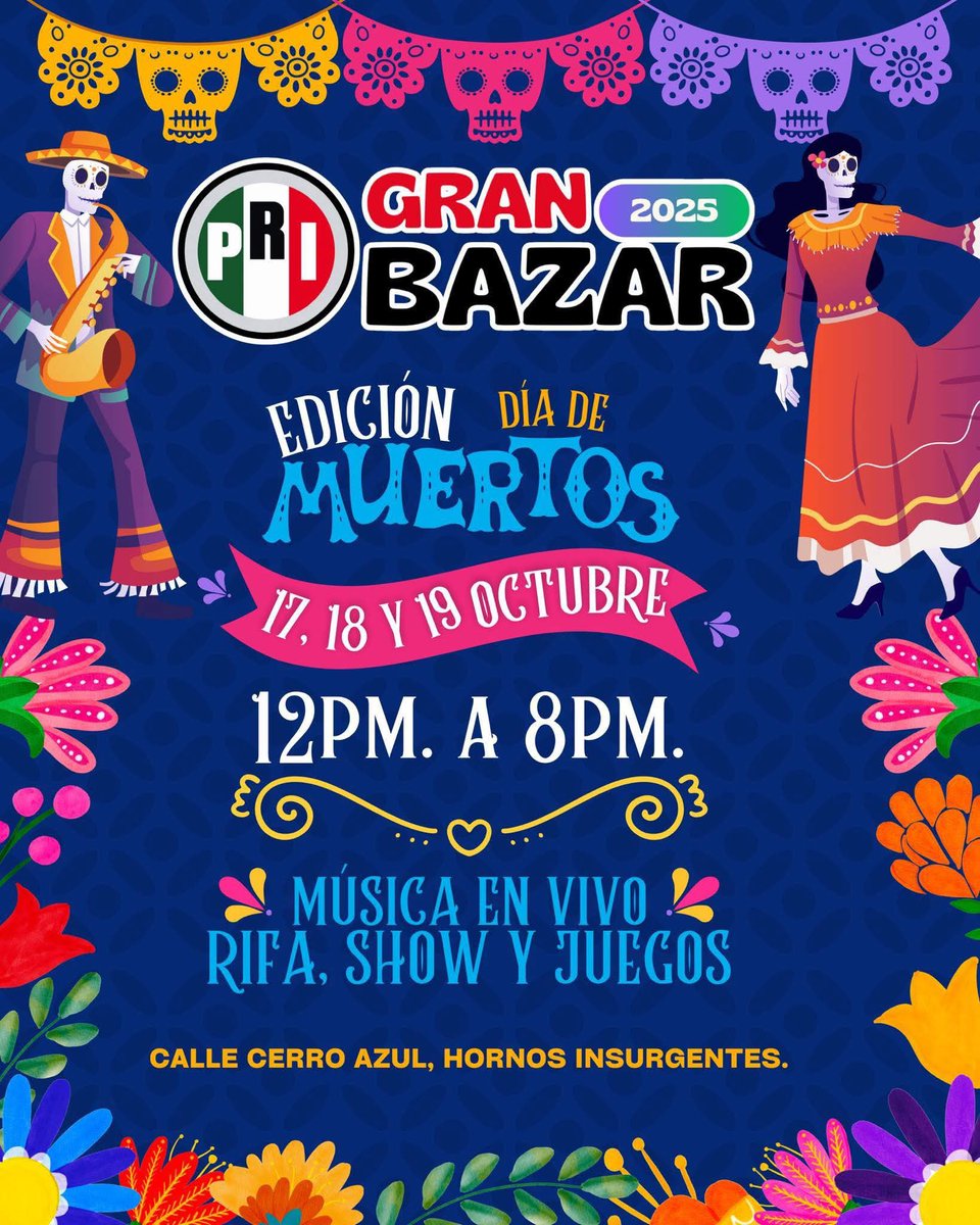 #SociedadAcapulco 
El <a href="/_PRIAcapulco/">PRI Acapulco</a> <a href="/acapulcoPRI/">PRIacapulco</a> <a href="/priacagro/">@PRIACAGRO</a> Partido Revolucionario Institucional en #Acapulco <a href="/JennyferHdez/">Jennyfer Hdez Peña</a>  invita a su Gran Bazar 2025, Día de Muertos.

17, 18 y 19 de octubre en la Explanada del PRI en Acapulco.

Las y los esperamos.