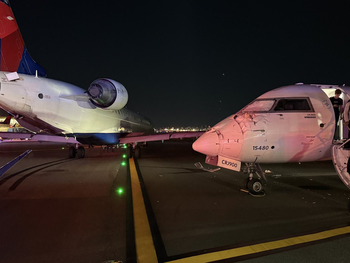 Seriously damage seen to both Bombardier CRJ900s involved in the collision tonight at LaGuardia.