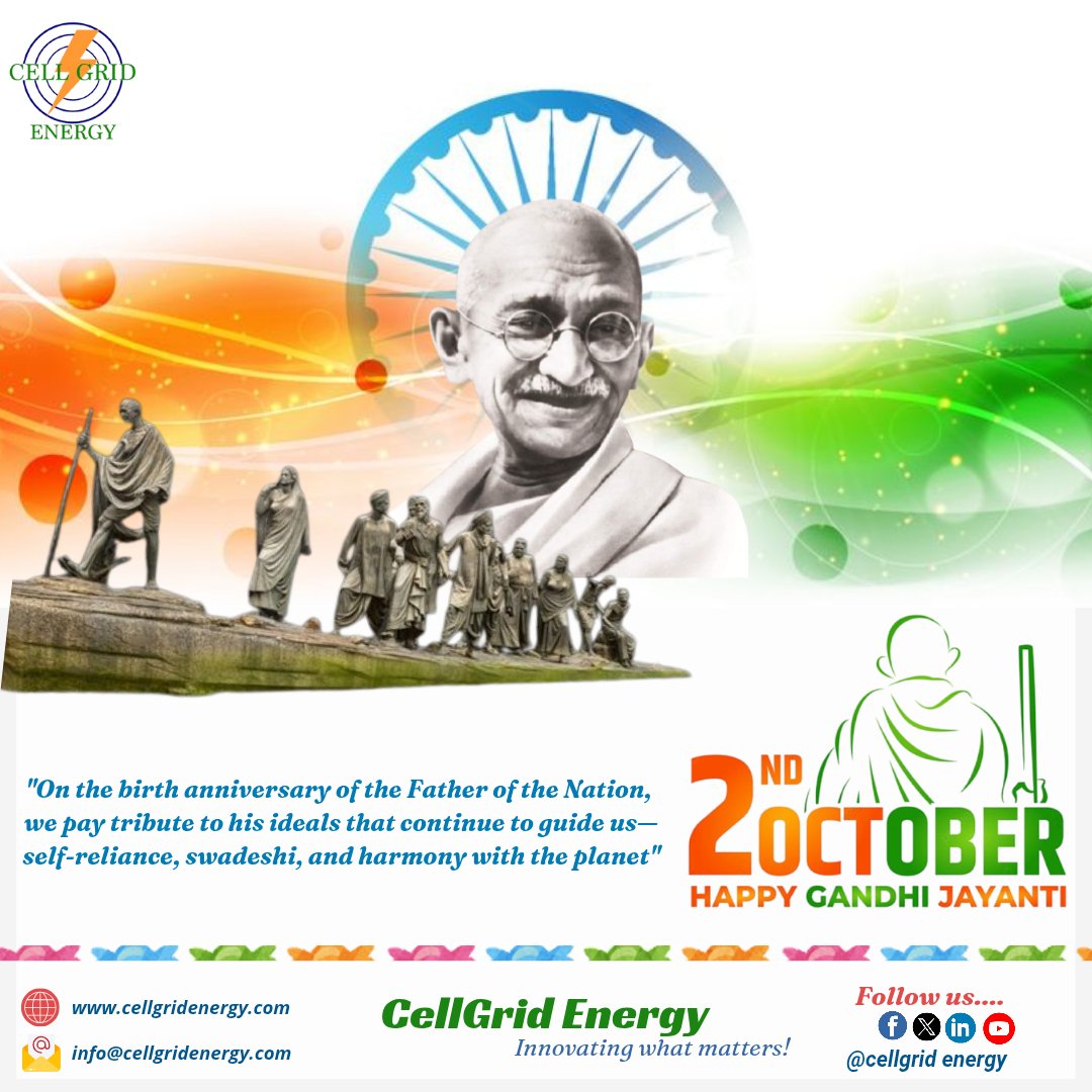 Cell_Grid's tweet image. On the birth anniversary of the Father of the Nation, we pay tribute to his ideals that continue to guide us—self-reliance, swadeshi, and harmony with the planet
#GandhiJayanti #MahatmaGandhi #inspiration