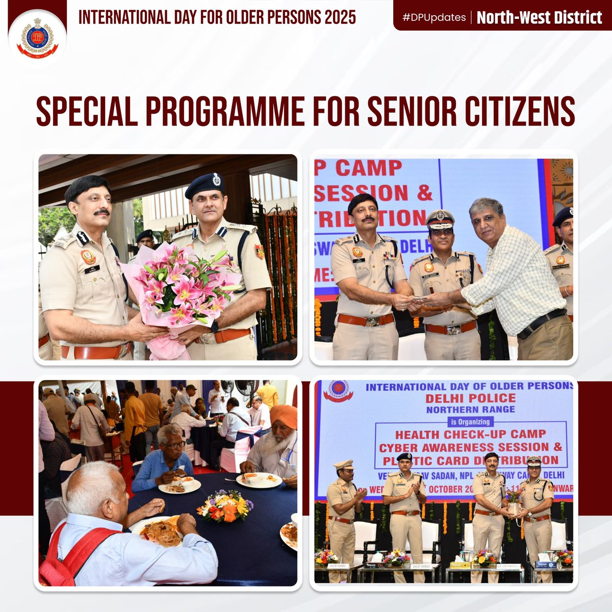 DCP_NorthWest's tweet photo. On the occasion of International Day for Older Persons – 2025, North-West District Police organized a special program dedicated to the health, safety, and dignity of our senior citizens.

✨ Programme Highlights ✨
✅ Free Health Check-up Camp by Yatharth Group of Hospitals
✅ Lecture on Cyber Awareness by ACP Manoj Kumar & W/HC Karuna, posted in IFSO Dwarka
✅ Screening of Informative Videos on Cyber Crimes & Prevention
✅ Distribution of Plastic ID Cards for Senior Citizens’ Safety & Assistance

👮‍♂️ The event was chaired by Sh. Ravindra Yadav, IPS, Spl. CP (L&O) Zone-I and Sh. Vijay Singh, IPS, Jt. CP/NR.

🌟 With the participation of 300+ senior citizens, the initiative reflected the unwavering commitment of Delhi Police towards ensuring the security, dignity, and well-being of our elders.

💐 Let us continue to celebrate, respect, and support our senior citizens – the guiding light of our society. 🙏👴👵

@DCP_IFSO