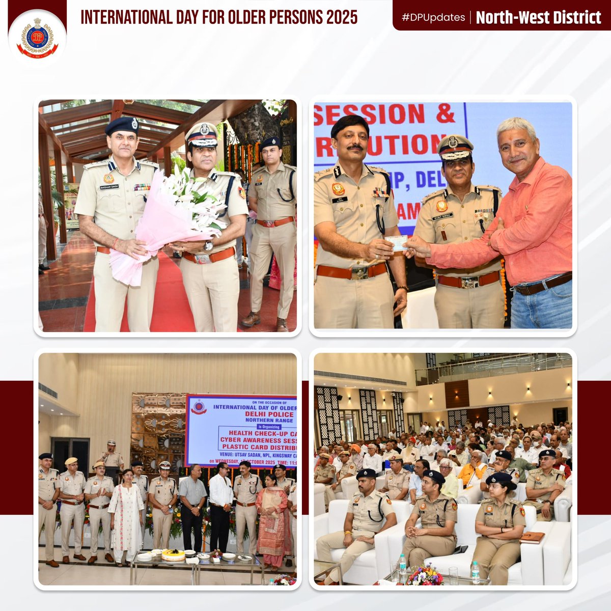 DCP_NorthWest's tweet photo. On the occasion of International Day for Older Persons – 2025, North-West District Police organized a special program dedicated to the health, safety, and dignity of our senior citizens.

✨ Programme Highlights ✨
✅ Free Health Check-up Camp by Yatharth Group of Hospitals
✅ Lecture on Cyber Awareness by ACP Manoj Kumar & W/HC Karuna, posted in IFSO Dwarka
✅ Screening of Informative Videos on Cyber Crimes & Prevention
✅ Distribution of Plastic ID Cards for Senior Citizens’ Safety & Assistance

👮‍♂️ The event was chaired by Sh. Ravindra Yadav, IPS, Spl. CP (L&O) Zone-I and Sh. Vijay Singh, IPS, Jt. CP/NR.

🌟 With the participation of 300+ senior citizens, the initiative reflected the unwavering commitment of Delhi Police towards ensuring the security, dignity, and well-being of our elders.

💐 Let us continue to celebrate, respect, and support our senior citizens – the guiding light of our society. 🙏👴👵

@DCP_IFSO