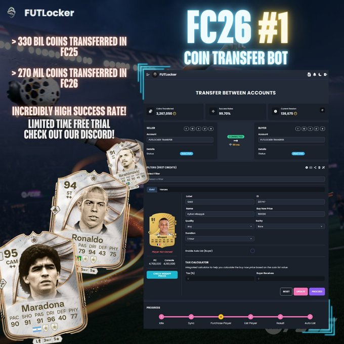 FUTLockerHQ's tweet photo. Video demo for the BEST Coin transfer bot releasing today 🔥🔥

🚨Free trials are still available! Don't miss out if you want to start selling FC Coins!

Over 270 MIL coins transferred so far using our FUTLocker bot 🔥

Find us at https://t.co/1FAoDg6ONY and hit us up for more information.     

#FC26 #EAFC26 #FIFA #FUT