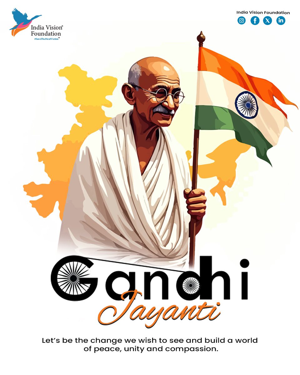 On Gandhi Jayanti, we honor the ideals of truth, peace, and non-violence, the guiding light for a just and compassionate society. 🌿✨ #GandhiJayanti #IndiaVisionFoundation