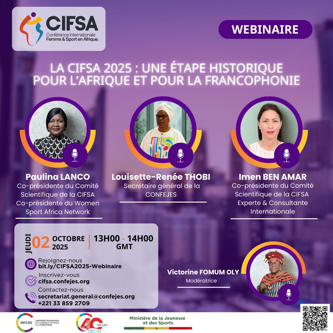 Join us today in the official webinar launch of the CIFSA conference which will take place from 7-9th December in Dakar. 

Today’ s webinar link: meet.google.com/ovn-bzes-obw

#WomenInSport