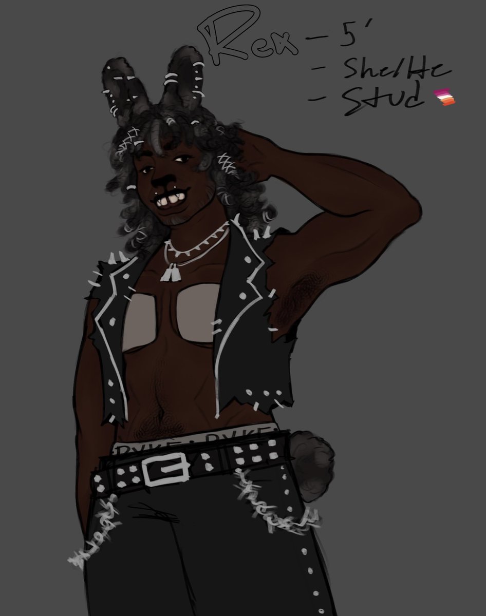 Beginning my #oc_tober thread with a late entry for day 1😭
Rex, a lesbian band oc who’s also a bunny :)