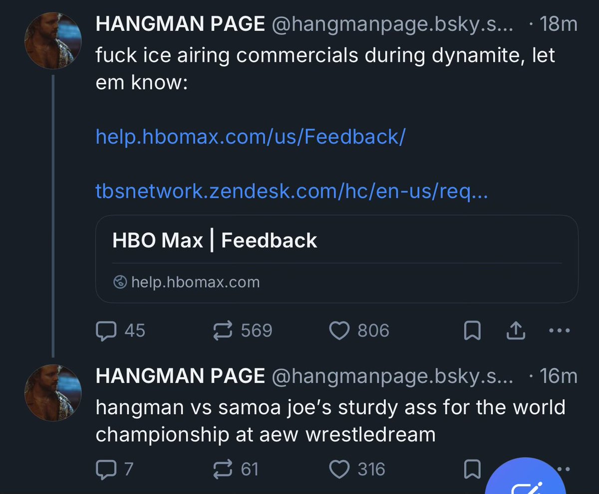 AEW World Champion Hangman Page is NOT happy that HBO aired ICE commercials during Dynamite and encourages all fans to let HBO and TBS know about their displeasure!

COWBOY SHIT🐎🐎🐎