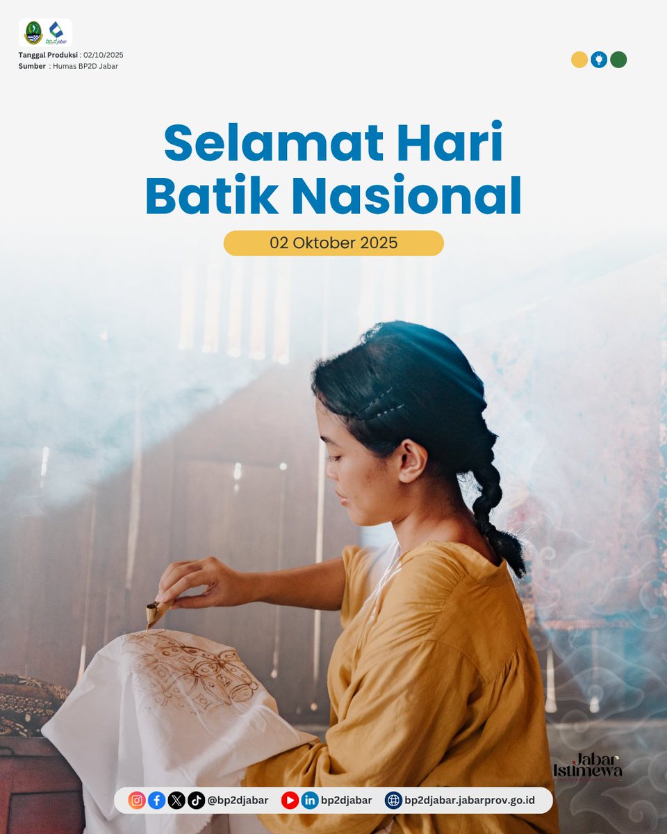 bp2djabar's tweet image. Batik adalah warisan budaya Indonesia yang merekatkan sejarah, seni, dan identitas bangsa.
Selamat Hari Batik Nasional!
#JabarIstimewa #JawaBarat #WestJava #KDMErwan #BP2DJabar #Litbangjuara #HariBatikNasional #HariBatik #BatikIndonesia #Batik
