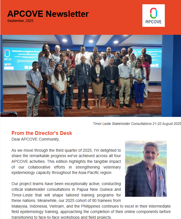 apcove's tweet photo. 🌟 APCOVE Quarterly Newsletter – September Edition 🌟

The latest APCOVE Newsletter is out! 🚀
Catch up on our activities, milestones, and an inspiring alumni story showcasing how APCOVE is building field veterinary epidemiology & One Health capacity across Asia Pacific.

📰 Read here: https://t.co/nkgSebMDwu
📬 Subscribe:https://t.co/1q6OVaBEq3

#OneHealth #VeterinaryEpidemiology #APCOVE #PublicHealth #AsiaPacific #DFAT #CentreHealthSec #TEPHINET #GOARN