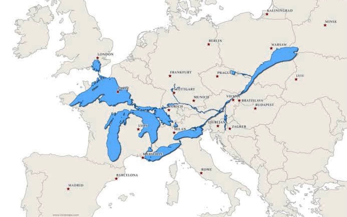 historyinmemes's tweet photo. The Great Lakes and Saint Lawrence river superimposed on a map of Europe.

The Great Lakes have at least 6,000 shipwrecks with some estimates as high as 25,000. They also hold about 21% of the world's surface freshwater. If the water were spread evenly across the contiguous United States, it would cover the country under roughly 9.5 feet (2.9 meters) of water.