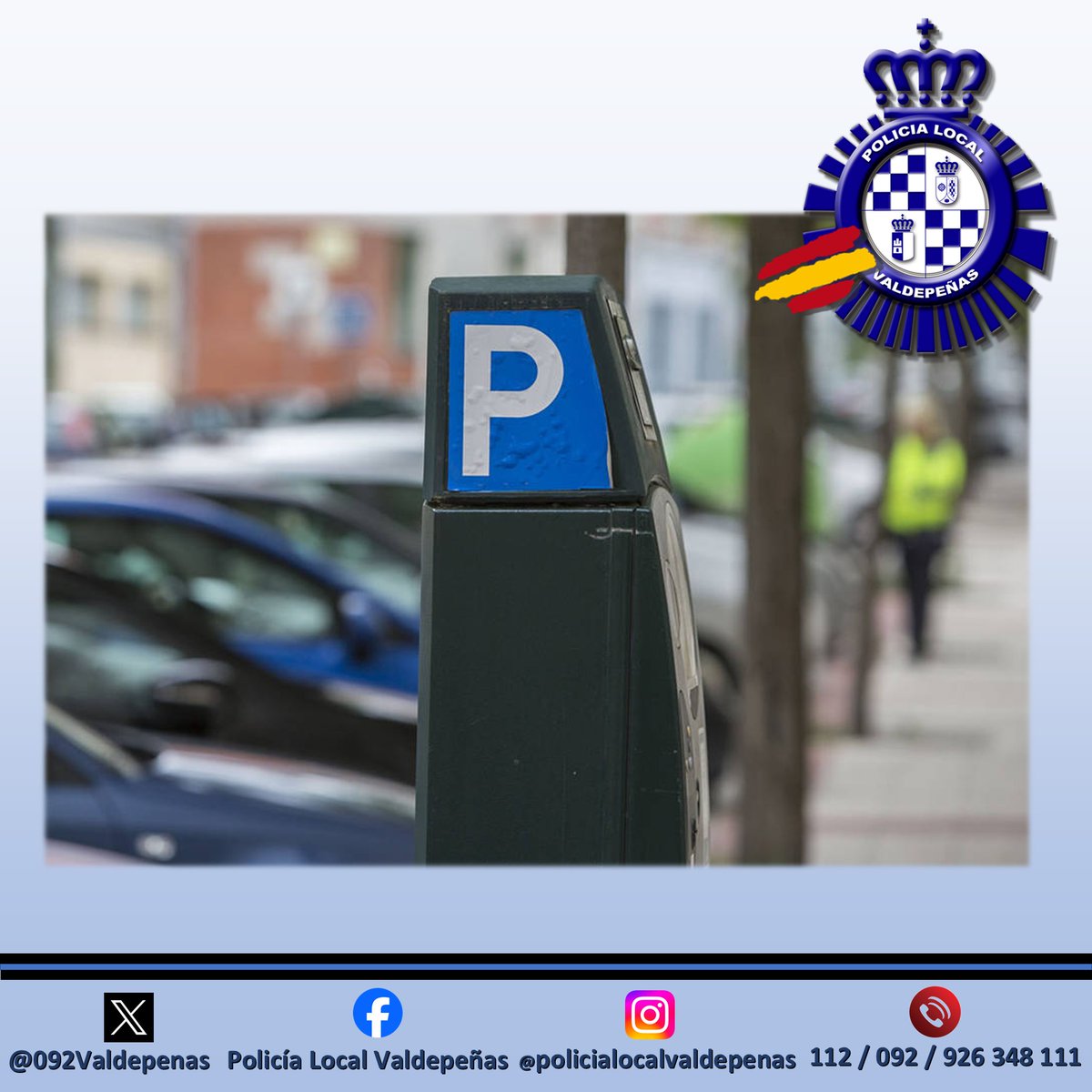 Informamos que el horario de verano de Zona Azul hasta el cambio de hora (26/10) será:

🕒Mañanas de Lunes a Sábado de 09:30 h a 14:00 h.
🕒Tardes de Lunes a Viernes de 17:00 h a 21:00 h.

#EstaryServir
#ValdepeñasSegura
#ValdepeñasInformada
#PoliciaLocalValdepeñas
#CPL227