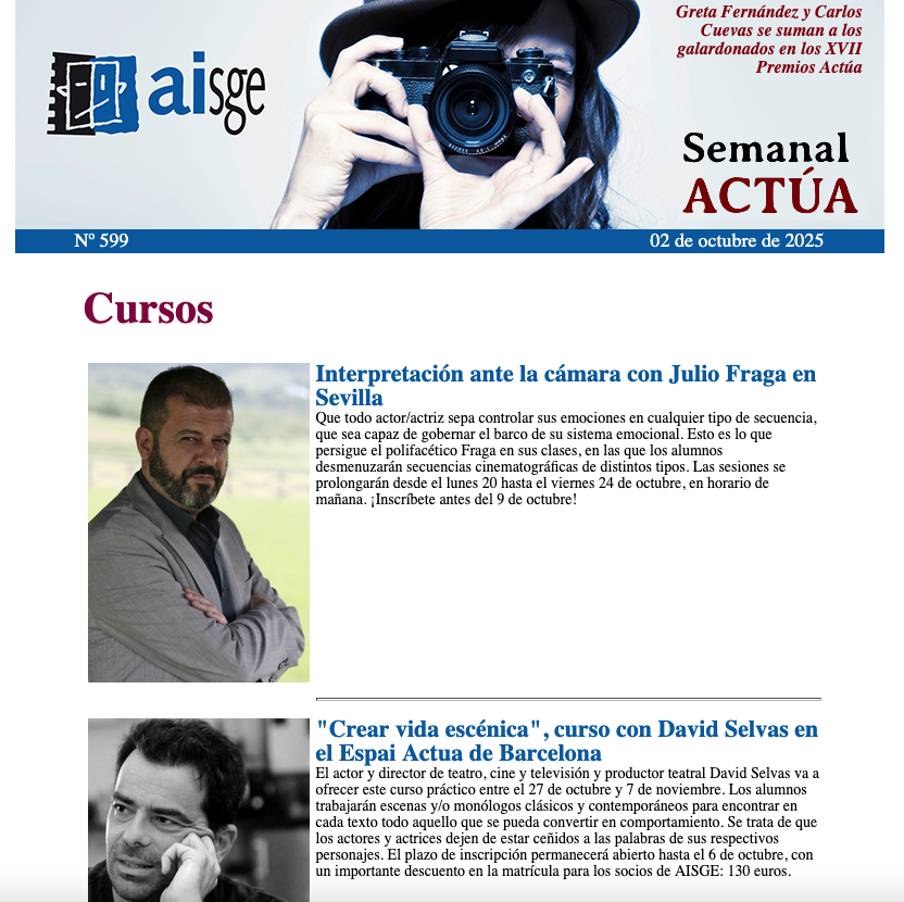 Tenemos mucho que contaros cada jueves con este #SemanalActúa. Aquí van todos nuestros contenidos informativos: premios a GRETA FERNÁNDEZ y CARLOS CUEVAS, participación en el #OUFF, LUCÍA JIMÉNEZ, TikTok y #TecnologíayDerecho, Enrique Fortún, estrenos...

aisge.es/boletines/bole…