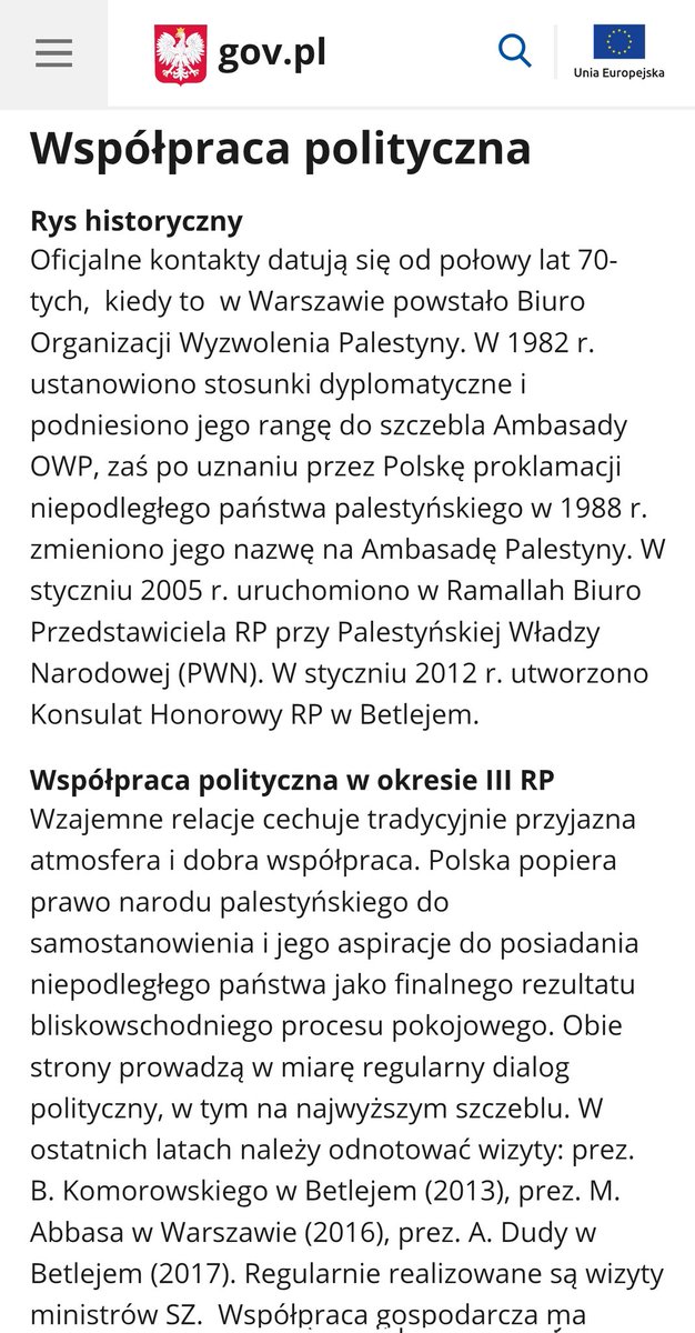 Istnieje moim zdaniem problem informacyjny w sprawie uznania Palestyny przez Polskę. Strona MSZ podkreśla, że Polska uznaje prawo Palestyny do niepodległego państwa. To nie jest to samo co uznanie państwa. 

W prawie międzynarodowym mamy możliwość uznawania za uczestnika obrotu