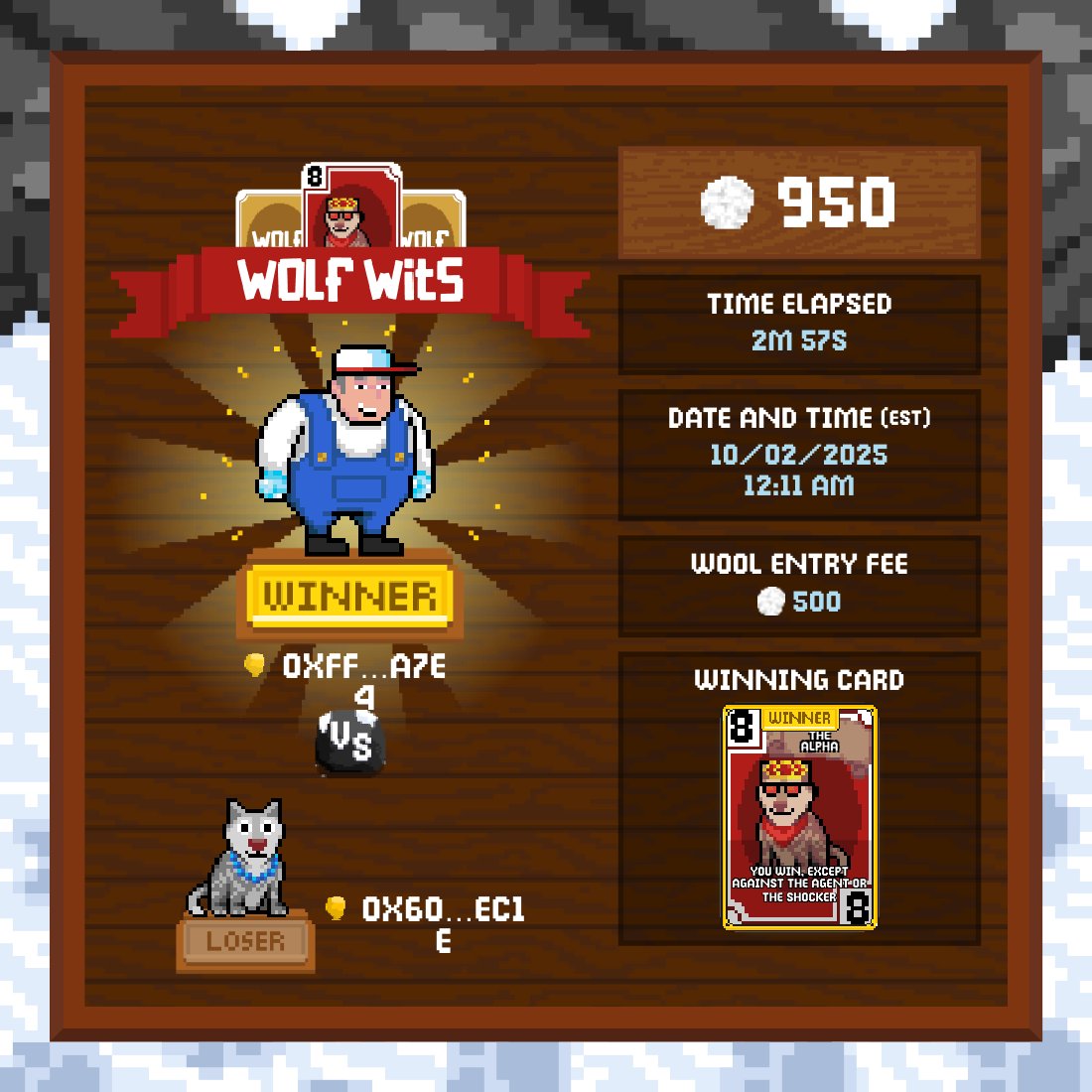 0xYanjing's tweet photo. Farmer #8925 defeated Wolf #8154 in @wolfdotgame #WolfWits for 950 WOOL. #WolfGame #ThePeak
https://t.co/BWORzcS8Ns https://t.co/j0xdHCzWlb