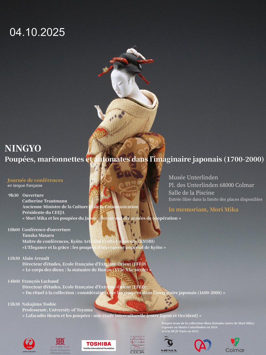 Journée de conférences sur le thème des poupées 

Musée Unterlinden 
Samedi 4 octobre 2025
Entrée libre 

Organisée avec le soutien financier de Toshiba International ￼Foundation et  de Japan Airlines, et avec le soutien de la Collectivité européenne d’Alsace