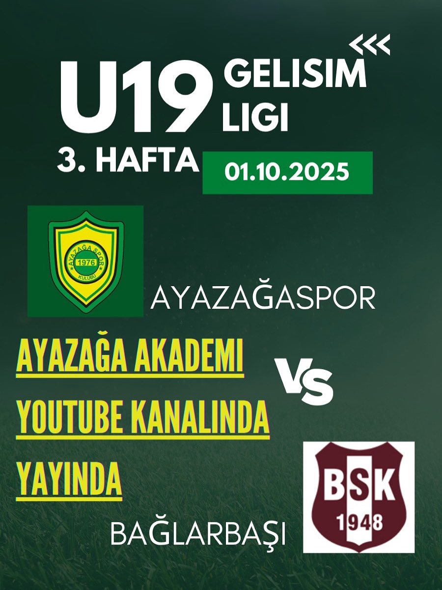 Ayazağaspor ile Bağlarbaşı arasında oynanan U19 Gelişim Ligi 3. hafta karşılaşması, Ayazağa Akademi YouTube kanalında, yayında...