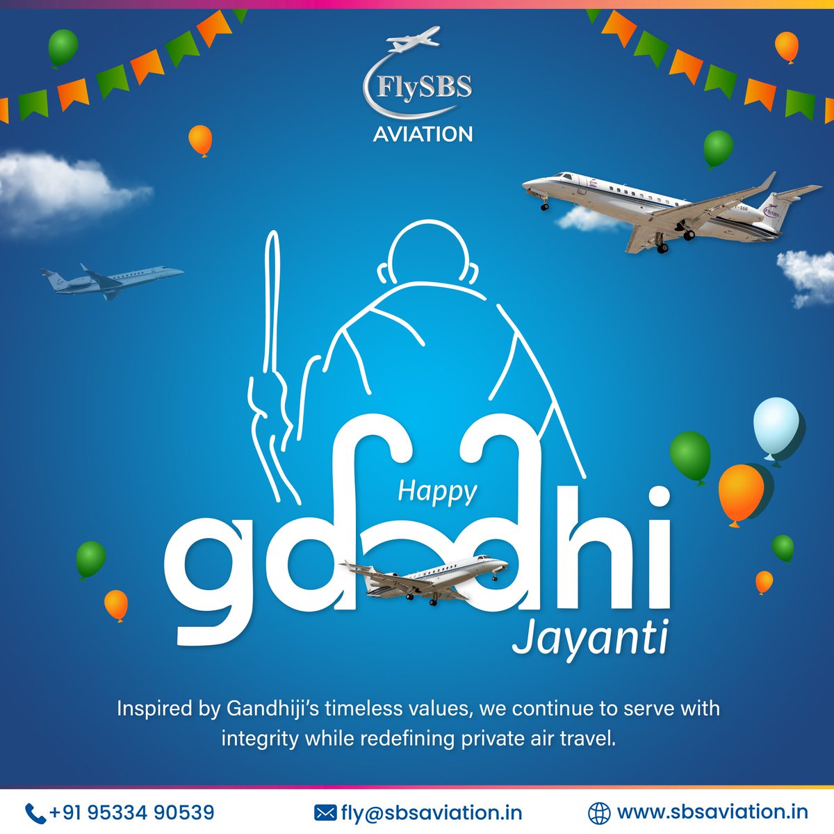 FlySBSAviation's tweet photo. ✈️ Honoring Gandhi Jayanti ✈️
Mahatma Gandhi’s values of truth, integrity &amp; simplicity inspire us at #FlySBSAviation. We uphold transparency, reliability &amp; dignity while redefining private air travel.

#GandhiJayanti #MahatmaGandhi #FlySBS #Aviation #PrivateAirTravel https://t.co/IiWBj2nWWS