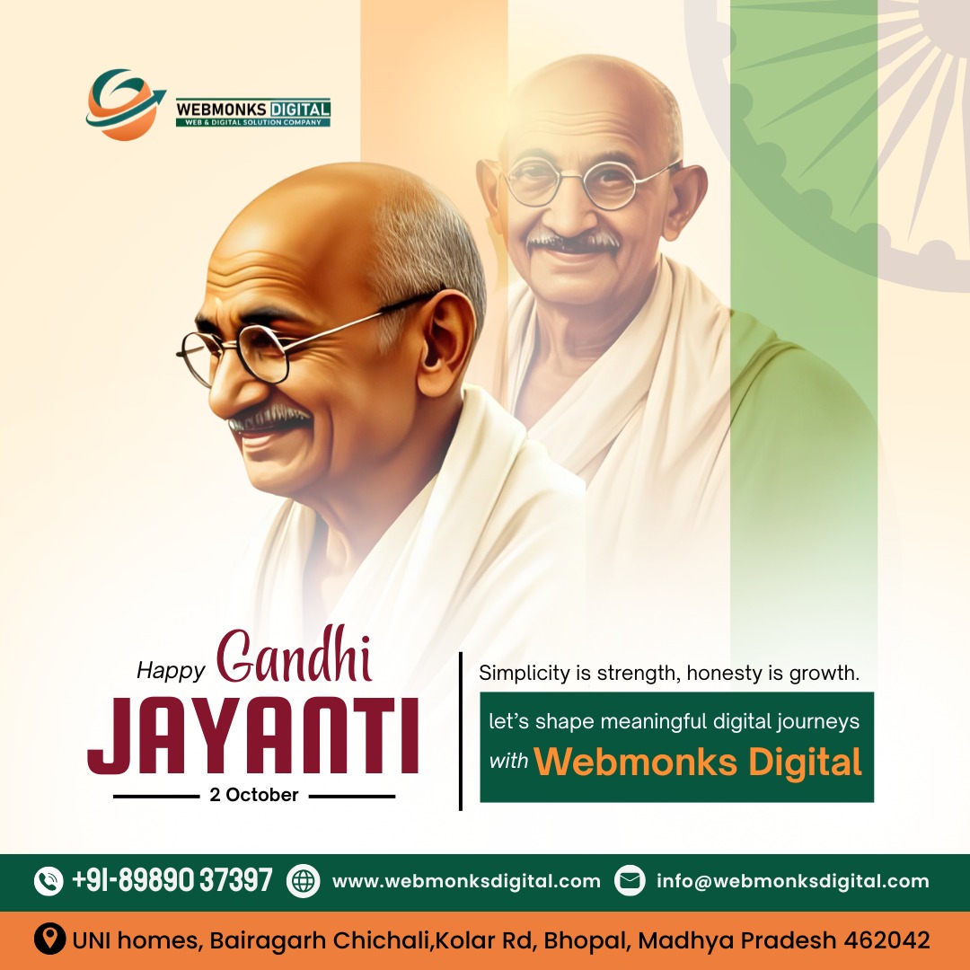webmonksdigital's tweet photo. On this Gandhi Jayanti, let’s honor the Father of the Nation, Mahatma Gandhi, whose ideals of truth, peace, and non-violence continue to inspire the world. 🌿✨ Let’s pledge to follow the path of harmony and humanity. 🙏 
#HappyGandhiJayanti #MahatmaGandhi #webmonksdigital https://t.co/IS98AiMp8P