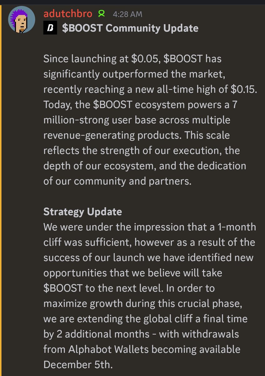 web3jump's tweet photo. To @alphabot @boostdotgg 

The announcement of the $BOOST cliff extension from October 5th to December 5th is a direct betrayal of the community's trust. This isn't a "strategic adjustment" it's liquidity manipulation that blatantly disrespects our time and effort. https://t.co/MLbHJIcKPL