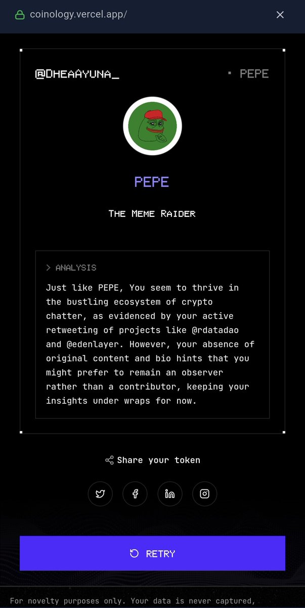 DheaAyuna_'s tweet photo. @vana According to my twitter data, I give $PEPE vibes.
Bullish?
Try Coinology on https://t.co/vJCp4hRiRW. #datarevolution https://t.co/RBSjGvkZvG