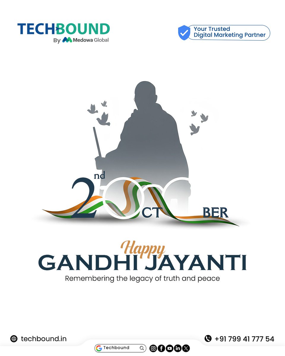 TechBoundDgtl's tweet image. On Gandhi Jayanti, we remember the enduring legacy of truth and peace that continues to guide our nation. Let&apos;s honor the Mahatma&apos;s teachings in our actions and thoughts. #gandhijayanti #mahatmagandhi #truth #peace #october2nd #fatherofthenation #legacy #inspiration #techbound