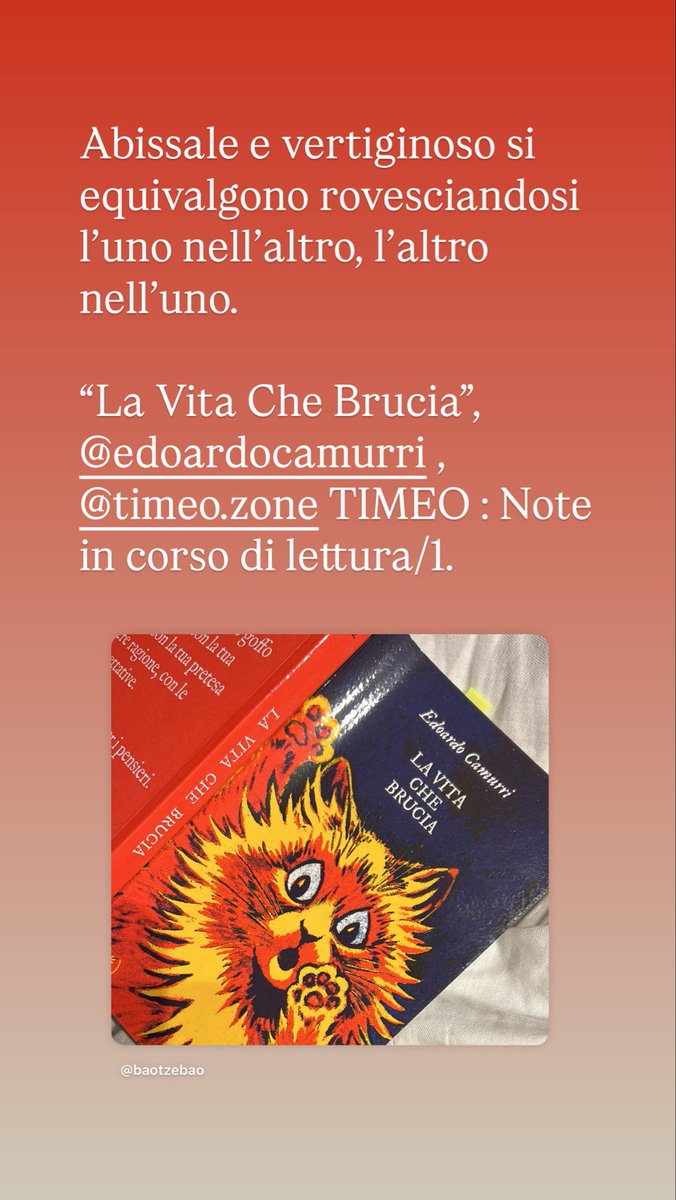 baotzebao's tweet photo. Abissale e vertiginoso si equivalgono rovesciandosi l’uno nell’altro, l’altro nell’uno.

“La Vita Che Brucia”, @EdoardoCamurri , TIMEO : Note in corso di lettura/1. https://t.co/YPt68vov76