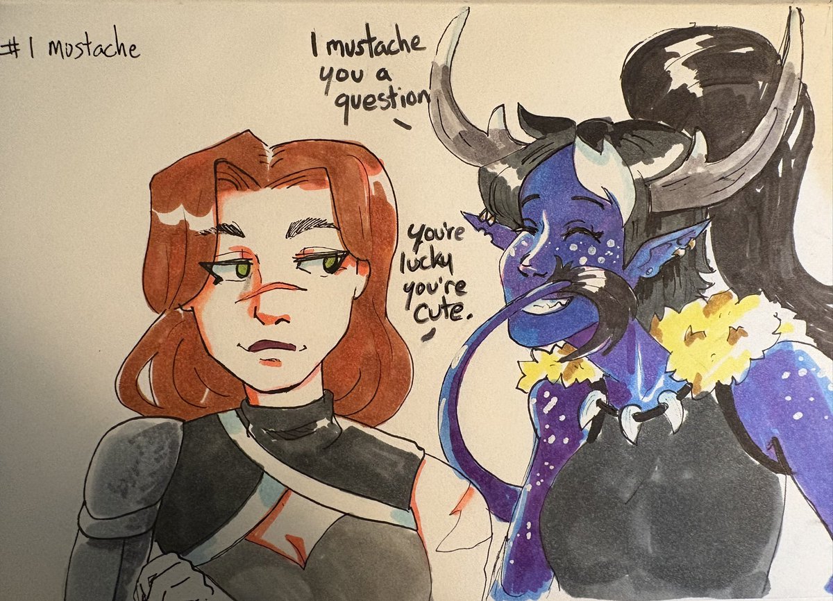 WhateverCryptid's tweet image. Another year another inktober! 
Thanks @InhaleChalk for letting me steal Atlanta ❤️

#Inktober2025 #day1 #dndart #mustache