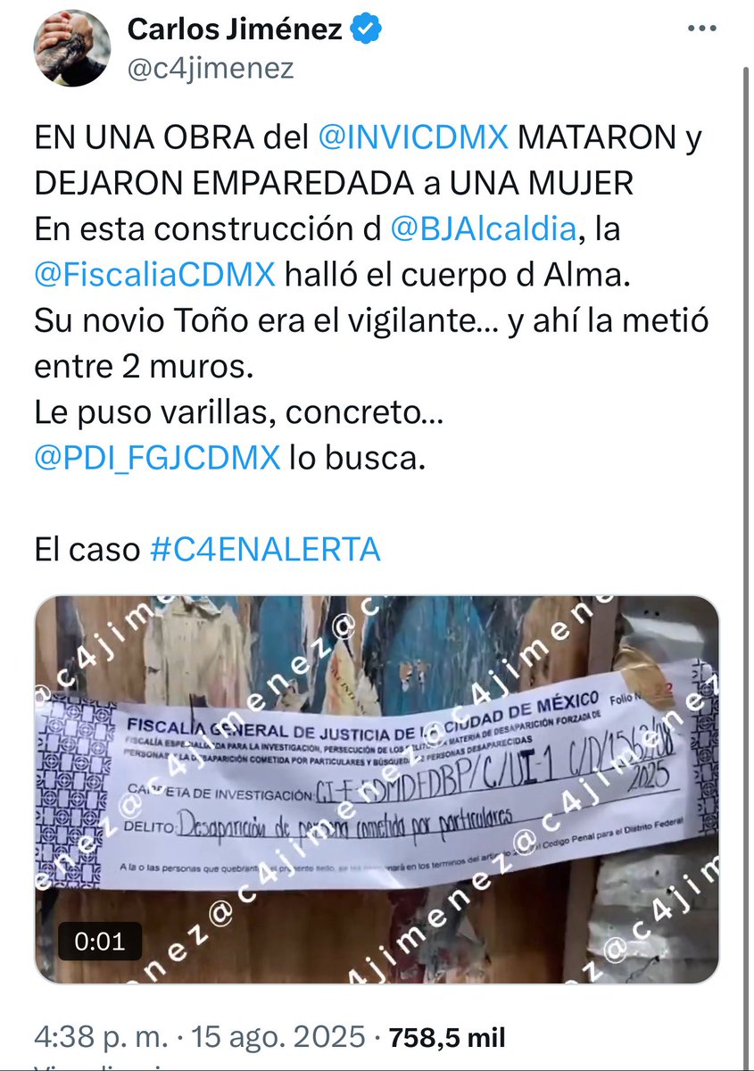c4jimenez's tweet photo. DETIENEN al TIPO q DEJÓ a UNA MUJER EMPAREDADA en una OBRA en @BJAlcaldia
Es Febronio Cruz
Era vigilante en una obra en @Narvarte_ 
Era pareja de Alma.
Y ahí dejó su cuerpo, entre 2 muros.
Agentes de @PDI_FGJCDMX lo atraparon en Veracruz.
Ya lo llevan a prisión. https://t.co/aGKvjsCk53