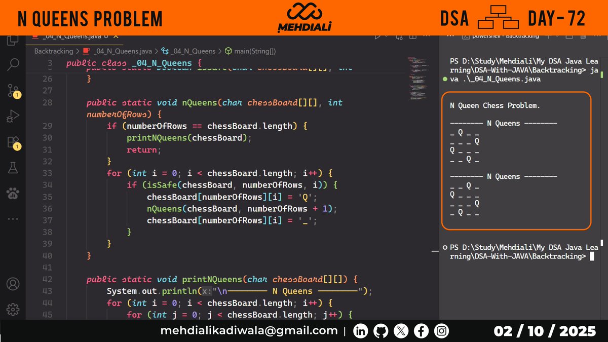 mehdiali_mk's tweet image. N Queens Problem | DSA – DAY – 72
- N Queens Problem.
Github Link: github.com/mehdiali-mk/DS…
LinkedIn: linkedin.com/in/mehdiali-mk/
#365DaysofCode #365dayscoding #100daysofcodechallenge #100daysofcode #LearnDSA #DSAinJava #JavaProgramming #AlgorithmDesign #CodingPractice #codedaily