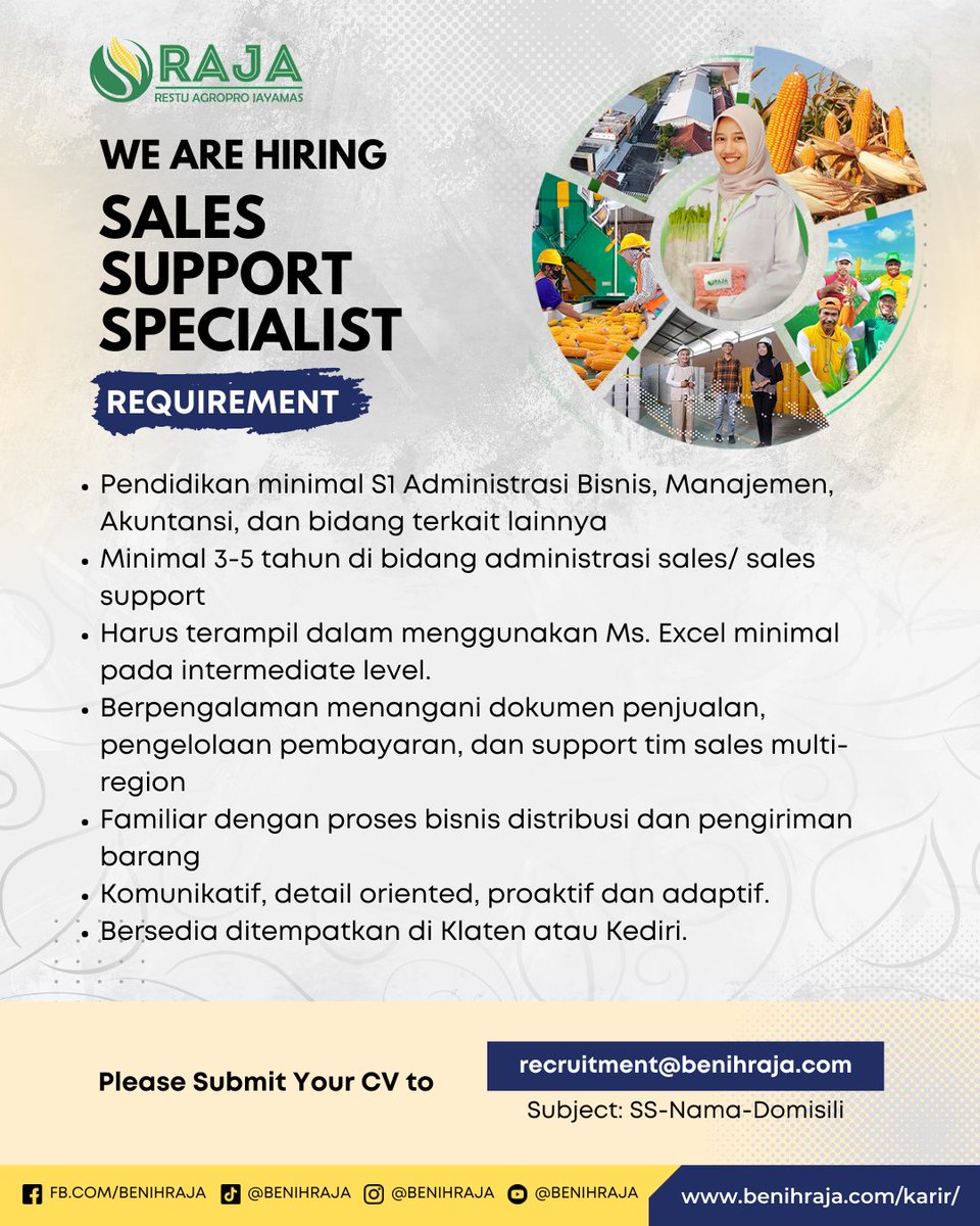 toplokercom's tweet image. 📢 Loker Sales Support Specialist (Klaten/Kediri) – PT Raja Restu Agropro Jayamas.
🎓 S1 Adm/Manajemen/Akuntansi, exp 3-5 thn sales support, mahir Excel, teliti &amp;amp; komunikatif.
📩 Kirim CV ke recruitment@benihraja.com (subj: SS-Nama-Domisili).
#loker #salesupport
