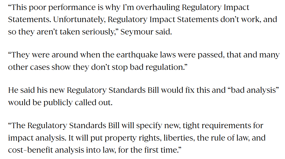 This is nonsensical. There was a CBA for the earthquake laws and it should they were bad. The property rights implications were self evident. It wasn't that there was insufficient regulatory impact analysis. It's that the government of the day didn't care.