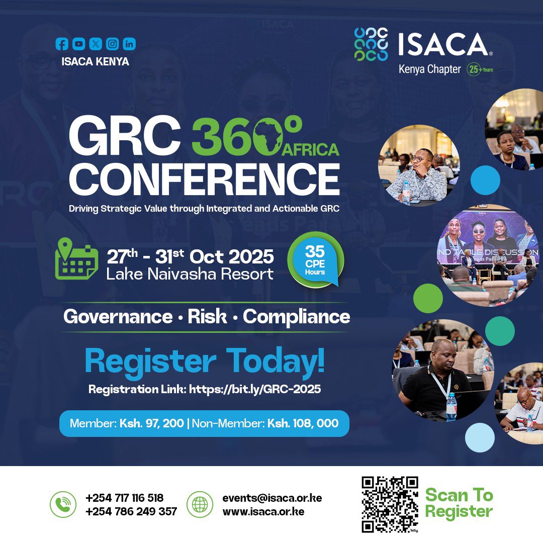 Why attend the <a href="/Isaca_kenya/">ISACA KENYA CHAPTER</a> GRC Conference?
Because governance builds trust, risk management protects value, and compliance fuels growth.
Learn from top experts, grow your network.
Register today! #GRC360AfricaConference