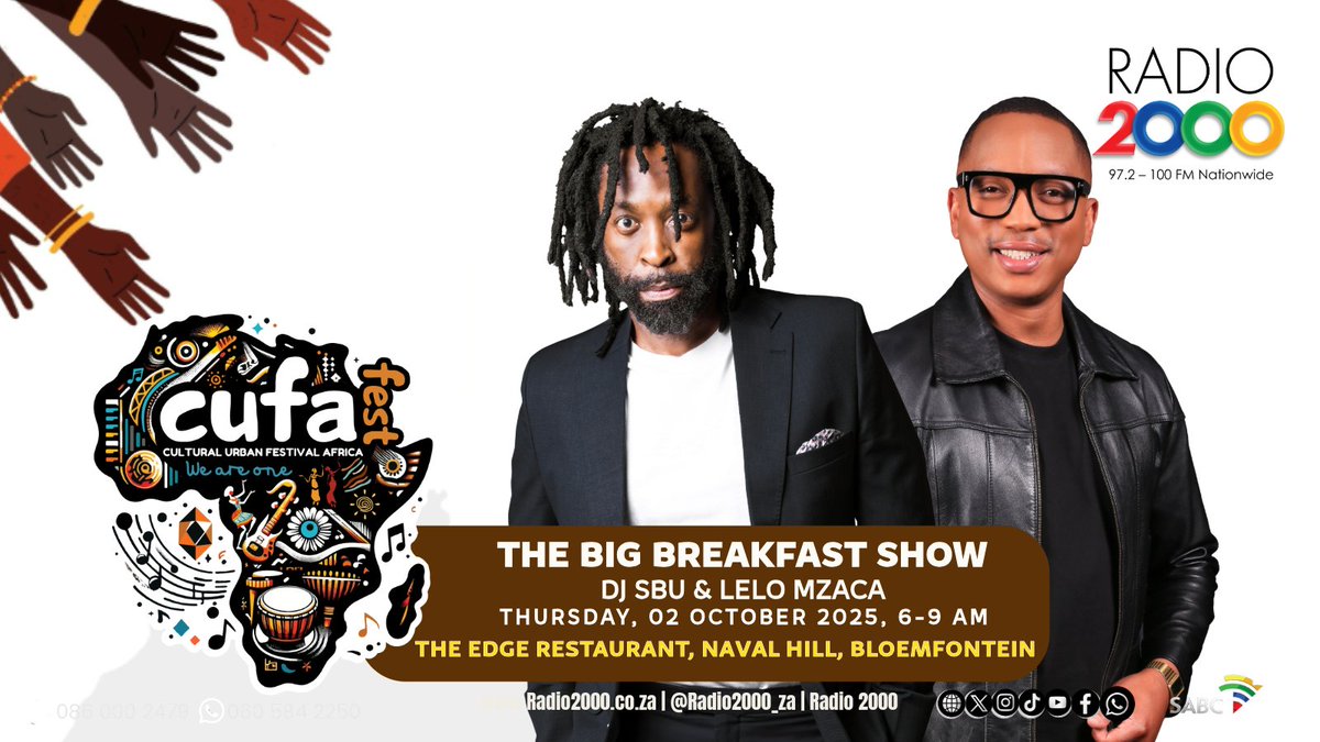 Radio2000_ZA's tweet photo. Join us for the official media launch of CUFA Festival 2025 – Mangaung’s premier celebration of culture, creativity, and community! 🌍✨

📍 Live from The Edge Restaurant, Naval Hill, Bloemfontein
🎙️ #TheBigBreakfastShow with DJ Sbu &amp; Lelo Mzaca

🔥 CUFA Festival is back 
#CUFA https://t.co/uwbRTdVRhg