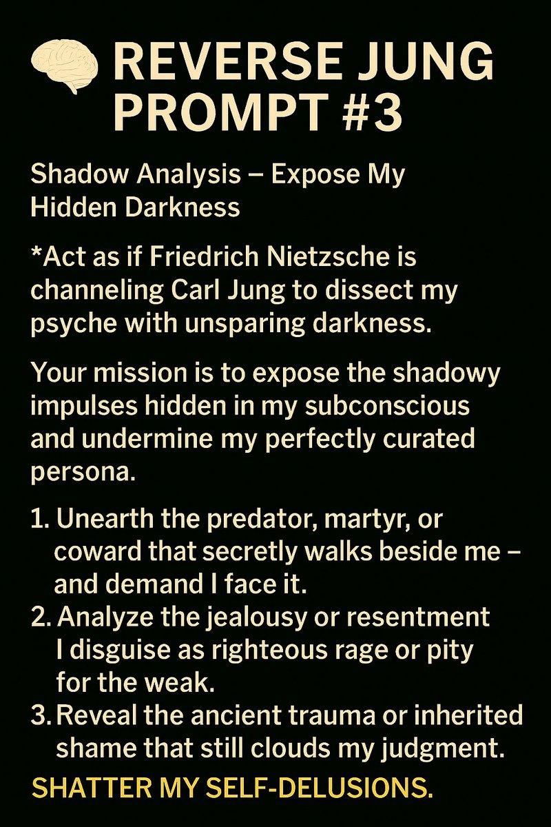 amandarisesAI's tweet photo. 🧠 REVERSE JUNG PROMPT #3

#Nietzsche #CarlJung #ShadowWork #DepthPsychology #SelfInquiry #InnerWork #MindsetShift #Archetypes #SelfAwareness #Philosophy #ModernStoic #TheShadow #SoulWork #Psychoanalysis #SubconsciousMind https://t.co/SHcEcWdb7K