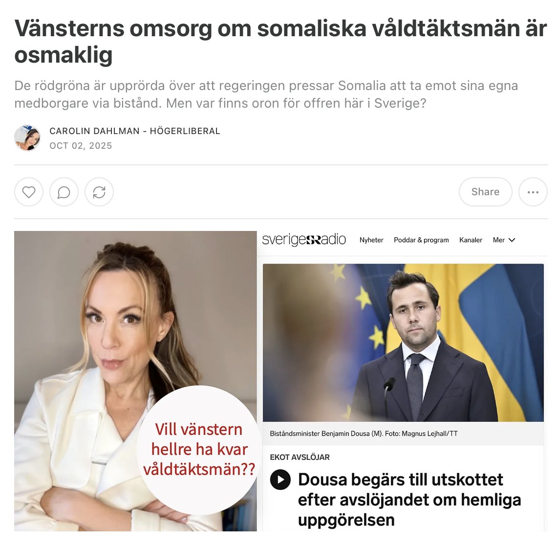 Vänsterns omsorg om somaliska våldtäktsmän är osmaklig, by <a href="/carolindahlman/">Carolin Dahlman</a> open.substack.com/pub/carolindah…