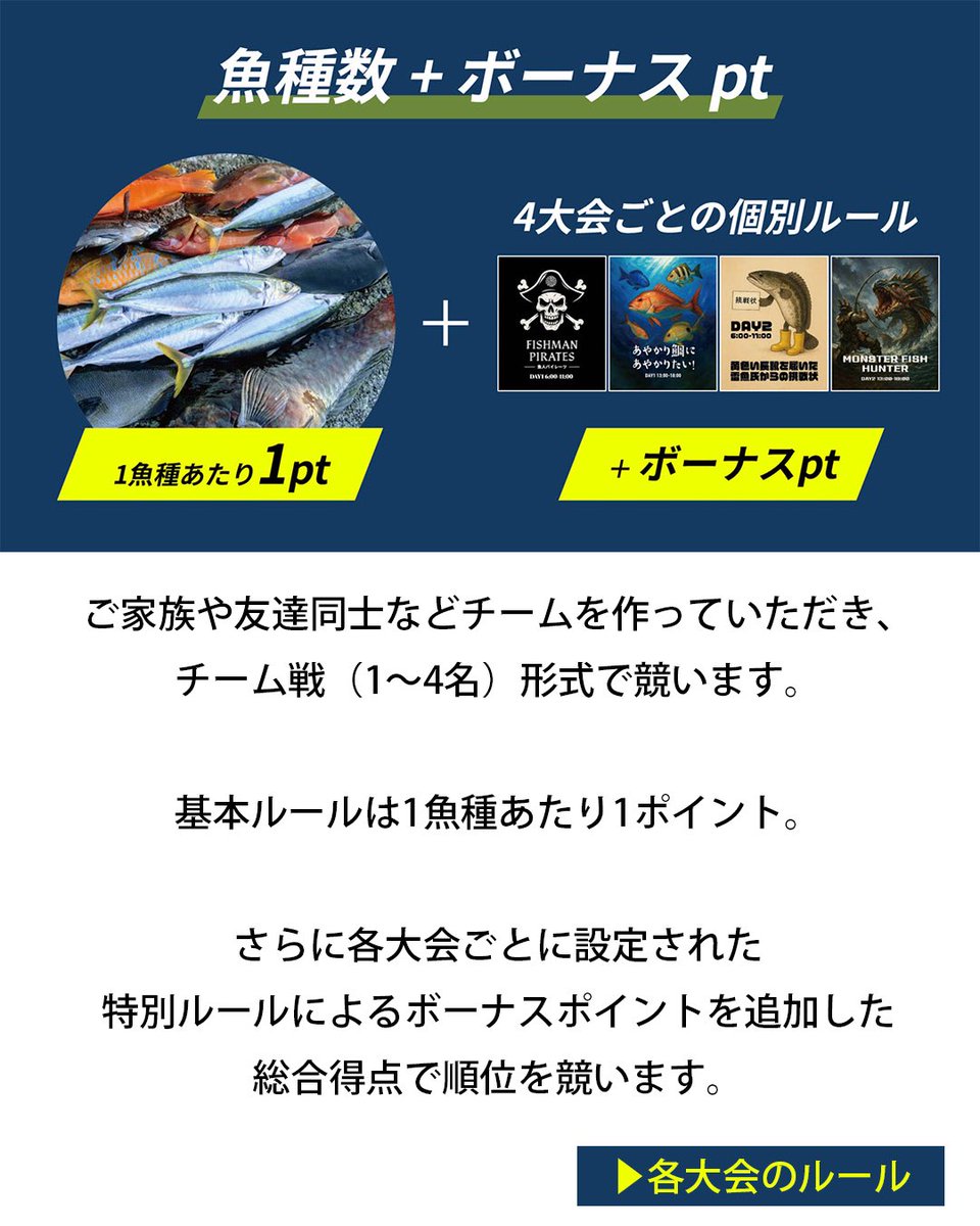 【西伊豆釣り大会2025】
はじめてでも大丈夫‼️みんなで楽しめる釣り大会です✨１魚種あたり1ポイントなので、どんな魚でもOK🎣大物を狙うもよし、子どもといろんな魚を狙うもよし😊

開催日
10月11日（土）・12日（日）
※荒天の場合は11月1日（土）・2日（日）に延期

予約方法