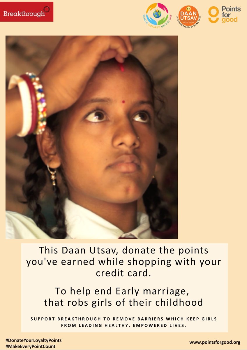 This Daan Utsav, use the points you’ve earned while shopping to protect a girl’s childhood. Donate your points to Breakthrough Trust via 'Points for Good' and help end early marriage.

pointsforgood.org
Using UPI, Debit/Credit card: pages.razorpay.com/PFGCharity