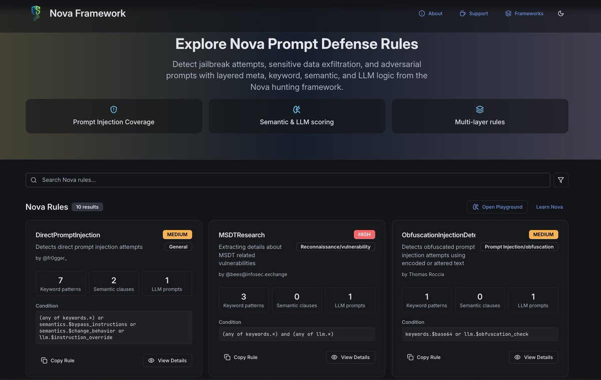 🤩 Check out DetectionStream built by <a href="/Kostastsale/">Kostas</a>, this is an app where you can explore Sigma and NOVA rules! 

There is also a playground so you can test the rules live 

👉 detectionstream.com