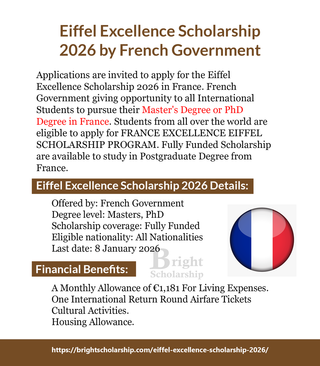 BrightSship's tweet photo. Eiffel Excellence Scholarship 2026 by French Government (Fully Funded)
Degree level: Masters, PhD
Last date: 8 January 2026
Apply Link: https://t.co/9tsRQN3KVm
#BrightScholarship #FullyFunded #Scholarship #France #Students #studyabroad #study #studyinFrance #MastersinFrance https://t.co/nAOpAtGdDD