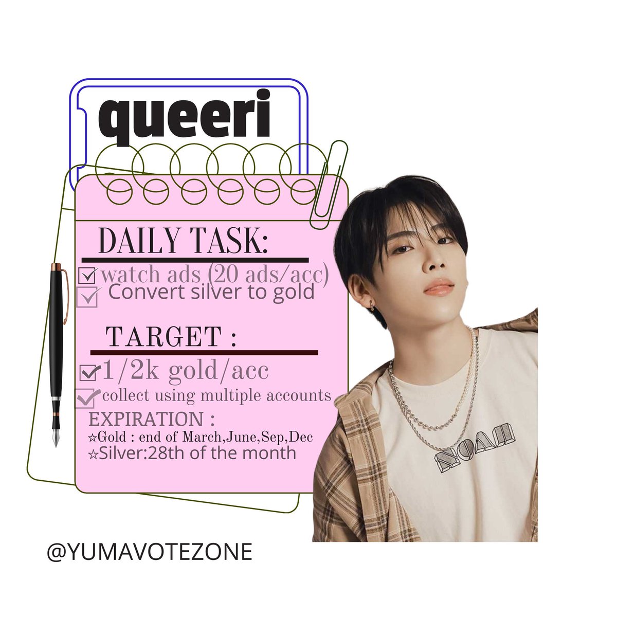 yumavotezone's tweet photo. Hai LUNร~ yuk bareng-bareng kerjain Daily Task Queeri buat support Debut Ads Yuma
Akun collect udah disiapin,tinggal claim di sheet.Kalau ada yang mau join,feel free DM aja ya
Setiap bantuan kecil kalian berarti banget buat Yumaโs star
#andTEAM_YUMA
#DebutSupport #YumaDebutAds https://t.co/8H5S5Vqy3o
