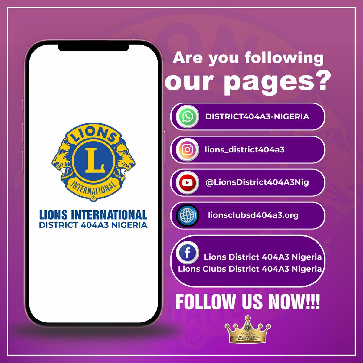 Instagram:  instagram.com/lions_district…

Facebook page: facebook.com/share/1Aw7aSE1…

Facebook group: facebook.com/share/g/1F7o2T…

WhatsApp Channel: whatsapp.com/channel/0029Va…

Website: lionsclubsd404a3ng.org

YouTube: youtube.com/@LionsDistrict…

Message brought to you by Marketing and Media Team