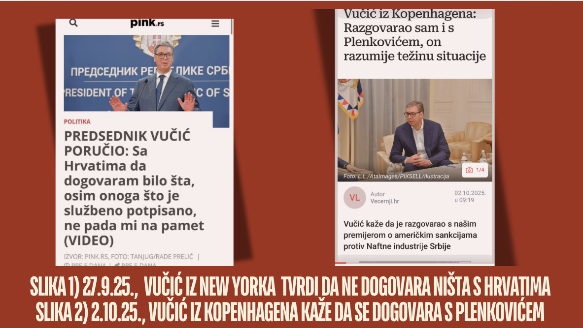 Molim <a href="/avucic/">Александар Вучић</a> da nam kaže kad je lagao? Jesi li lagao 27.9. iz New Yorka? Ili lažeš danas 2.10. iz Kopenhagena? Ove dvije slike najbolji su osgovor na tvoje pljuvanje po meni nepomeniče da sam kao novinar patološki lažov. Ti nesretniče lažeš i kad - lažeš! <a href="/AndrejPlenkovic/">Andrej Plenković</a>