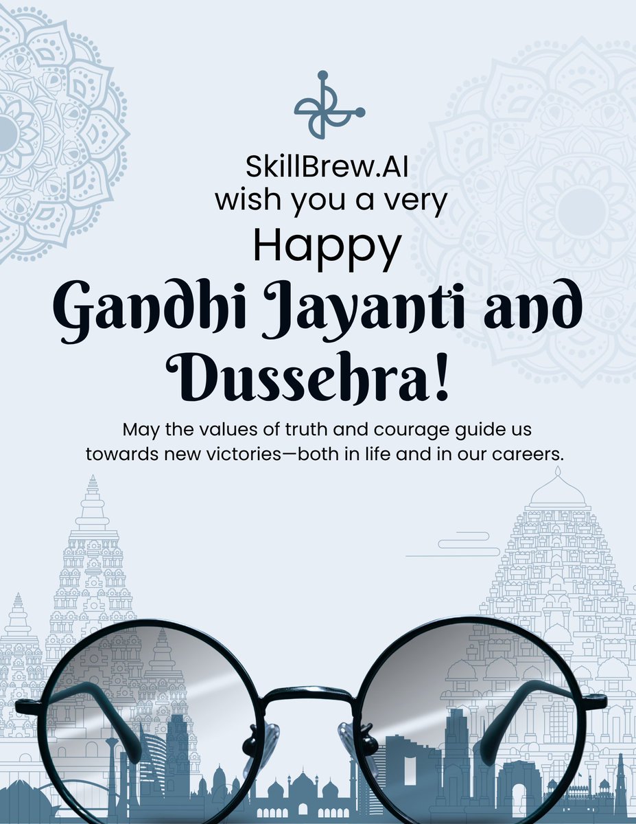 SkillBrewAi's tweet photo. SkillBrew wishes you a Happy Gandhi Jayanti and Dussehra! 🌸✨
May this day inspire truth, courage, and the triumph of good over challenges—in life and in careers. 🚀🔥

#GandhiJayanti #Dussehra #SkillBrew https://t.co/RWEkjJoZzc