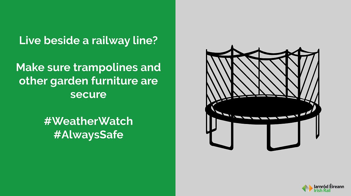 IrishRail's tweet photo. Live beside a railway line? Make sure trampolines and other garden furniture are secure
#WeatherWatch #AlwaysSafe #StormAmy https://t.co/zcwvuki1CS
