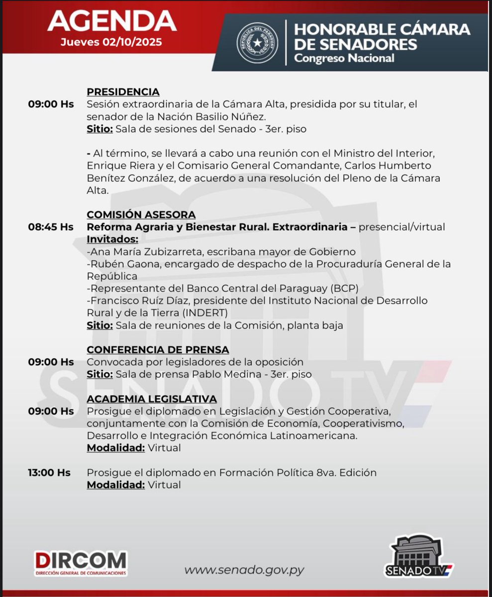 Agenda de la Cámara de Senadores - Jueves 02/10/2025🗓️🏛️
Senado TV 📺